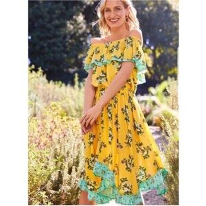 Matilda Jane Hooked on a Feeling dress yellow teal floral off shoulder ruffle